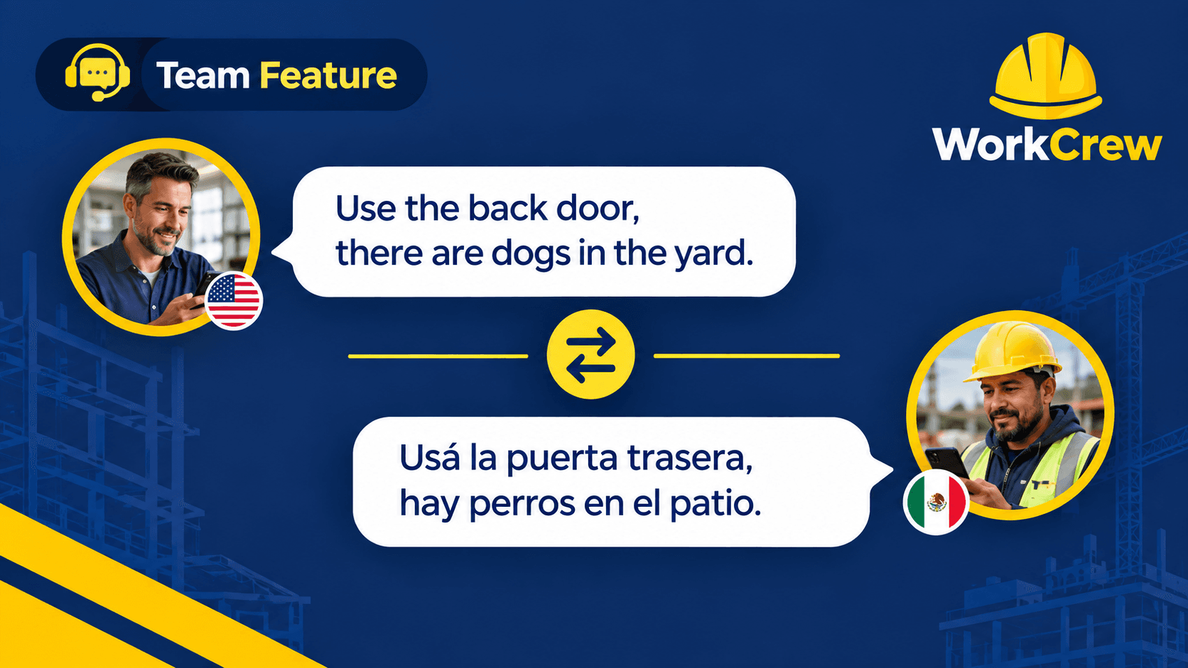 WorkCrew Team feature — owner writes in English, foreman gets it in Spanish, automatically translated